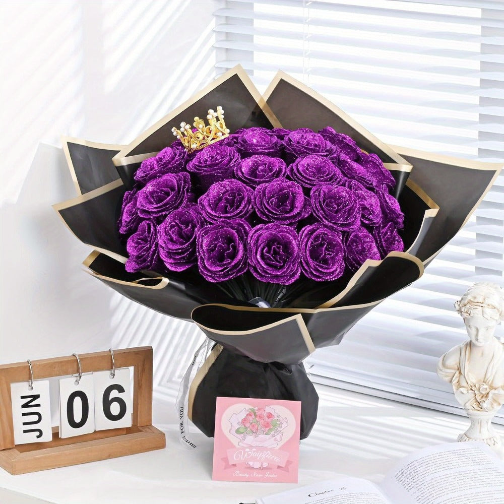 Glitter Roses Bouquet 24/36pcs - Everlasting Artificial Roses with Sparkling Glitter Petals for Valentine's Day, Wedding & Anniversary