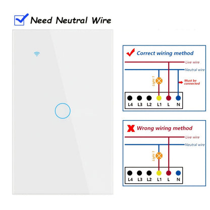 White Glass WiFi and Bluetooth Touch Wall Switch with One- to Four-Gang US-Style Options and Neutral-Wire Wiring