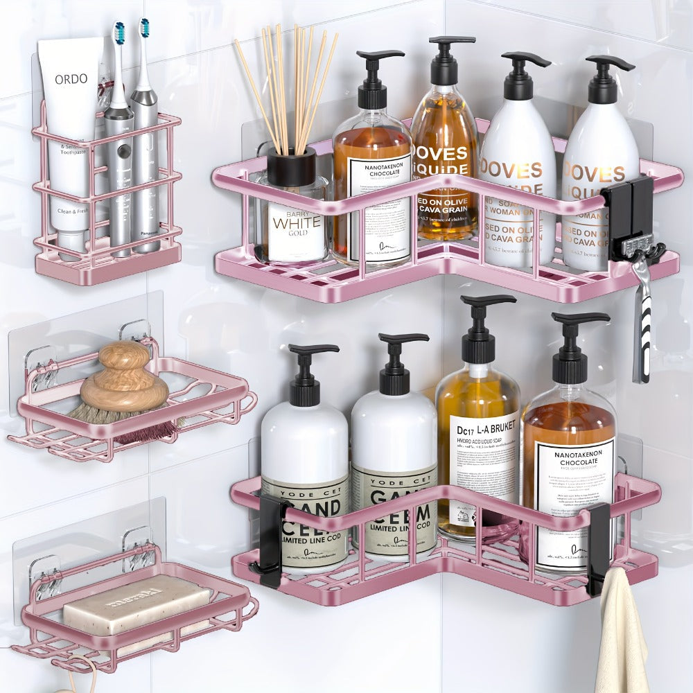 Five-Piece Corner Shower Caddy Set with Soap Holder and Four Removable Hooks in Seven Colors