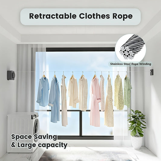 Retractable Clothesline Wall Mounted Stainless Steel Non-Sagging Indoor Outdoor Laundry Drying Line 15.1 Ft Heavy Duty