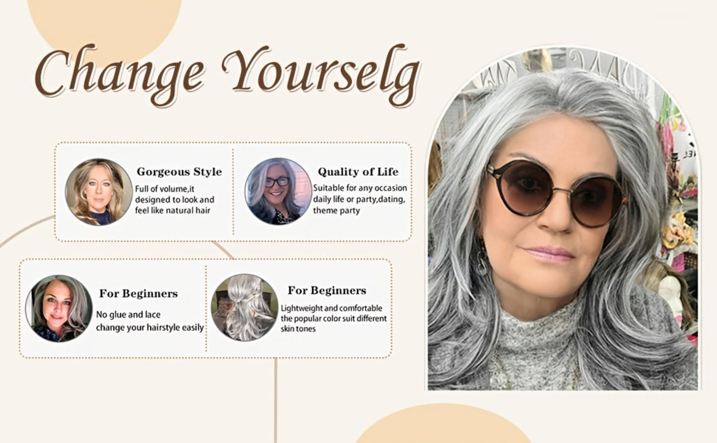 Synthetic Wig 18-Inch Layered Silvery Waves with Highlights in Two Colors and Rose Net Cap