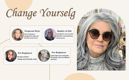 Synthetic Wig 18-Inch Layered Silvery Waves with Highlights in Two Colors and Rose Net Cap