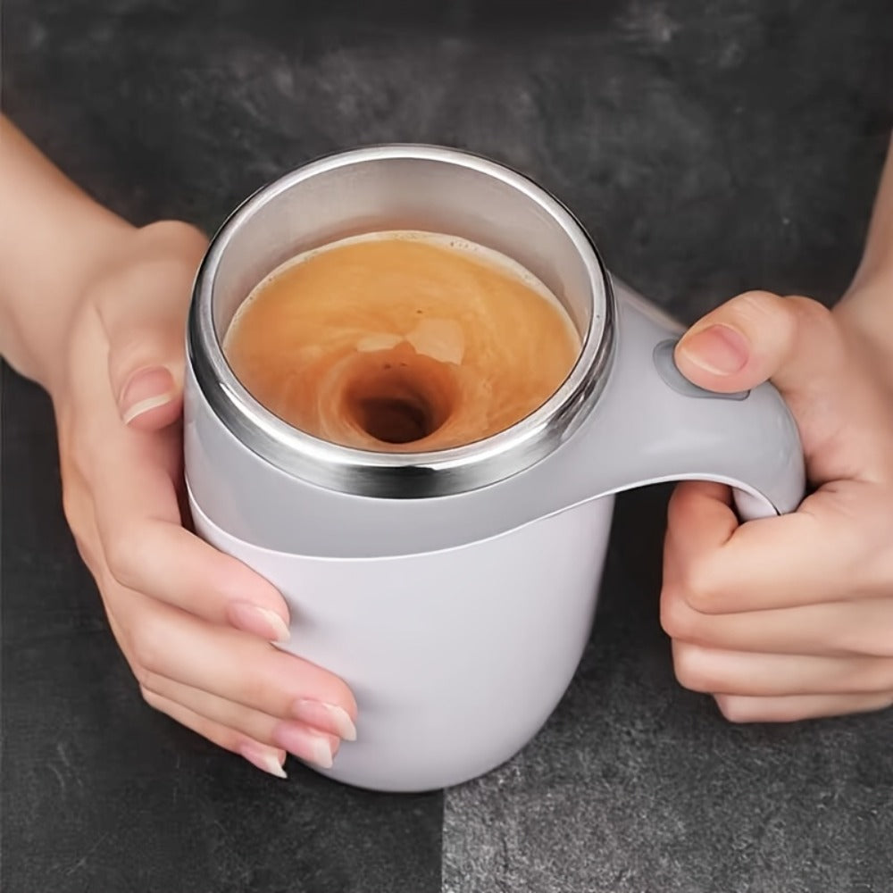 White Self-Stirring Coffee Mug with Magnetic Mixing Piece, Side Button, Lid and 250ml Marking