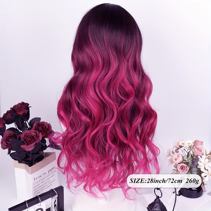 Synthetic Wig 28-Inch Rose-Red Gradient Waves with Air Bangs, 150% Density and Rose Net Cap