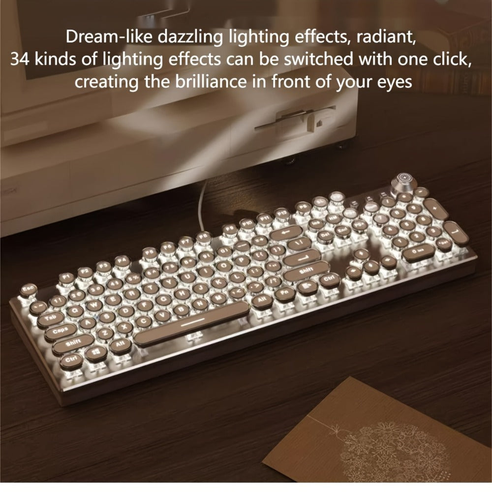Steampunk Typewriter Mechanical Keyboard with Blue Switches – Retro Old-Fashioned USB Wired Gaming & Office Keyboard for Desktop Laptop PC Windows, Unique Aesthetic Gift for Gamers & Typists