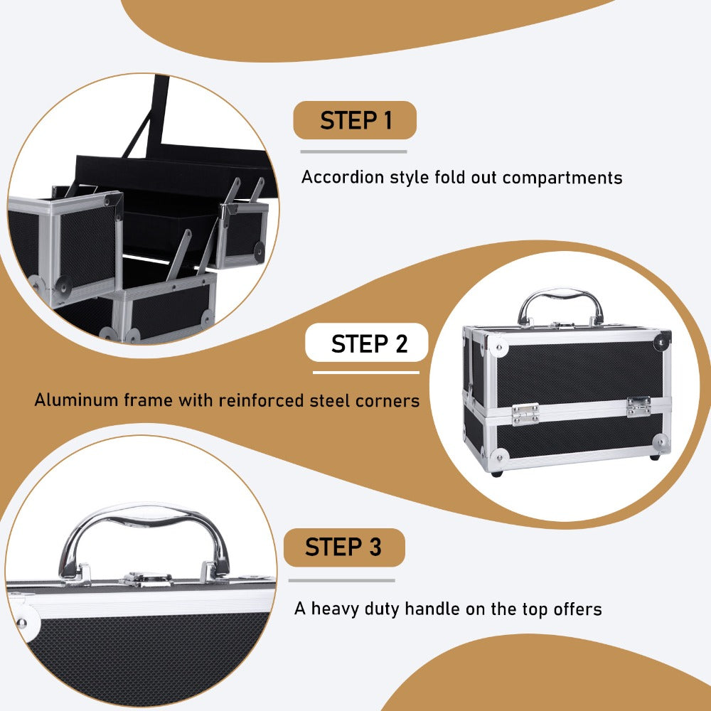 Tabletop Makeup Carry Case with Mirror, Fold-Out Trays and Dividers in Black, Silver or Pink