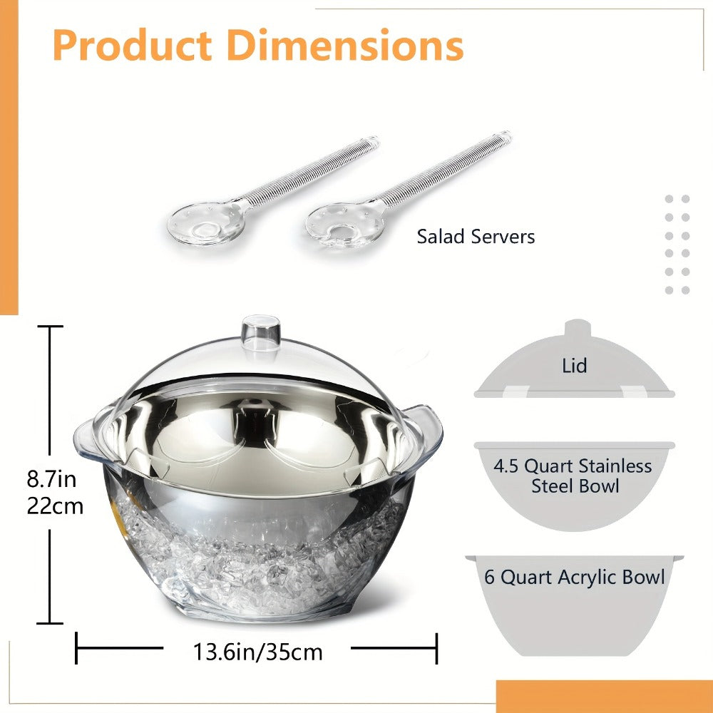 Stainless-Style Salad Bowl Set with Lid, Serving Spoons and Ice-Chiller Base for Buffet or Picnic Display