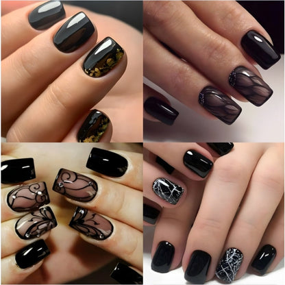 Press On Nails 96-Piece Short Square Black Ice-Crack Pattern Glossy Full-Cover Set with Nail Glue