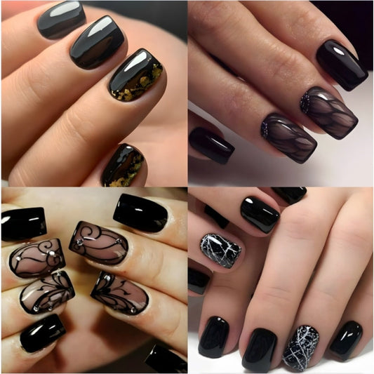 Black Press On Nails Short Square 96 Pieces – Ice Crack Crackle Design Glossy Full Cover Fake Nails for Women Girls | Edgy Alternative Nail Art Kit | Summer Party Concert Festival Set
