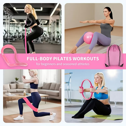 Pink 13-Piece Pilates Ring and Resistance Band Set with Ball, Socks, Straps and Drawstring Bag