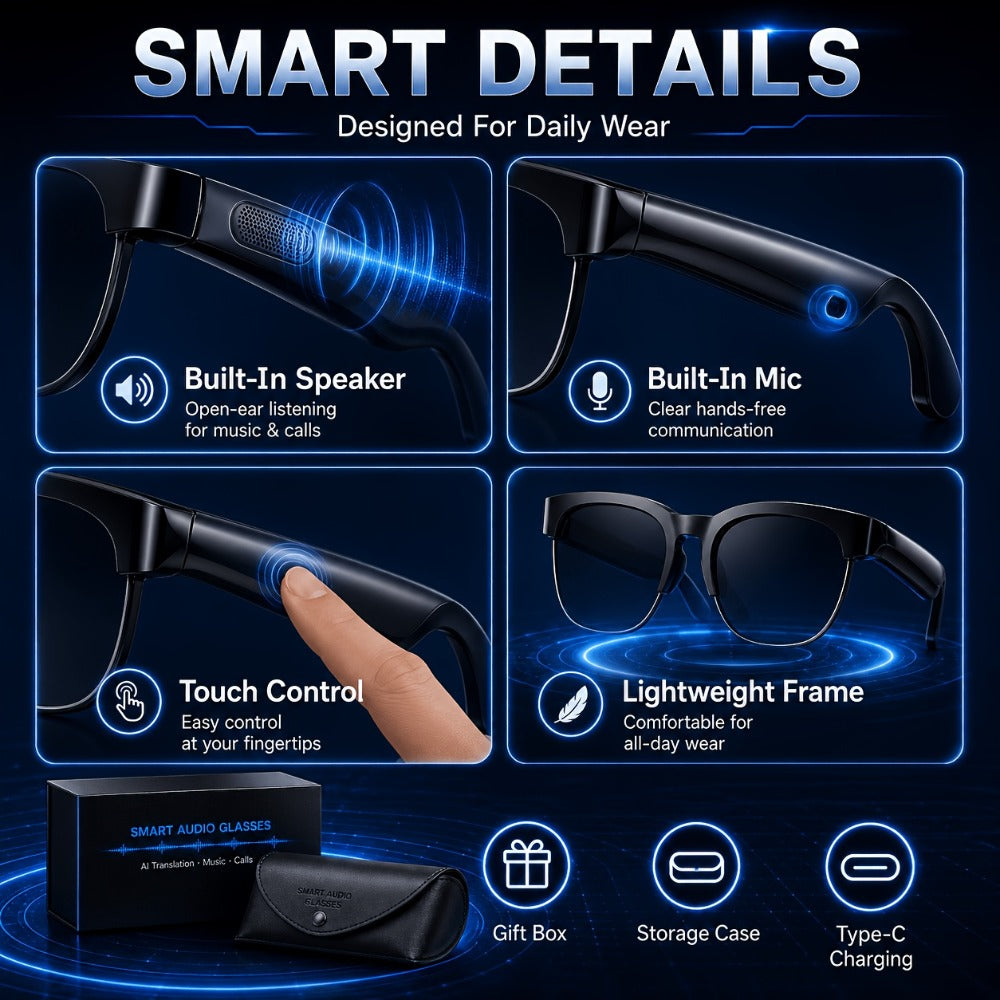 Smart Glasses Open-Ear Audio Gift Set with Bluetooth Calls, Music, Translation and Included Carrying Case