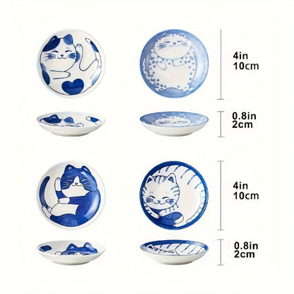 Ceramic Dipping Bowls Set of 8 Cat Shaped Mini Soy Sauce Dishes 4 Inch Small Condiment Bowls for Home Cooking, Dining and Outdoor Meals