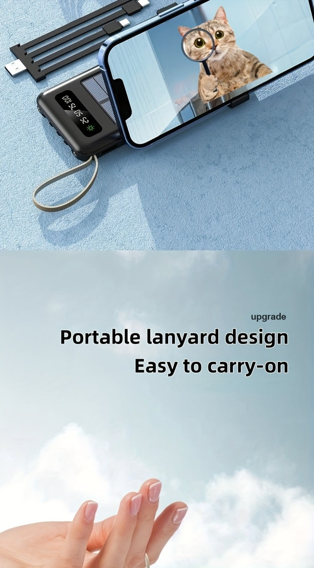 Solar Power Bank, 10000mAh to 30000mAh Charger with Built-In Cables, LED Light, Digital Display and 5W or 15W Options