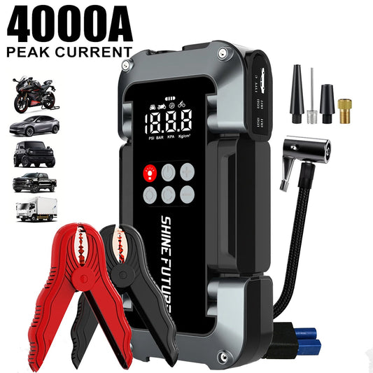 Portable Jump Starter Kit 4000A Peak 6-in-1 Battery Booster with Tire Inflator Power Bank Lithium Battery for 12V Car Truck SUV Emergency Roadside Kit