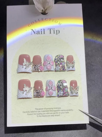 Press On Nails 10-Piece Short Duckbill Set with White French Tips, Golden Butterfly and 3D Carved Flower
