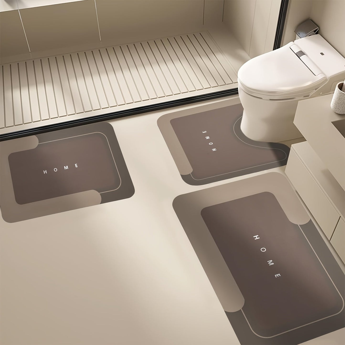 Three-Piece Bathroom Mat Set in Blue, Coffee or Gray with Toilet and Shower-Area Rug Pieces