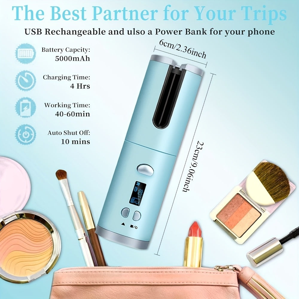 Cordless Automatic Hair Curler USB Rechargeable Rotating Curling Iron 6 Heat Settings LCD Display Auto Shut-Off Fast Heat-Up Storage Bag 4 Hair Clips Comb All Hair Types Women Blue Pink Gray Gradient