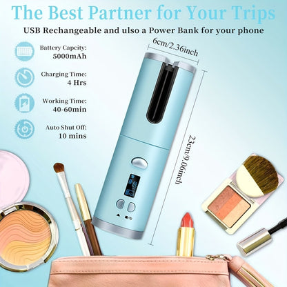 Cordless Automatic Hair Curler USB Rechargeable Rotating Curling Iron 6 Heat Settings LCD Display Auto Shut-Off Fast Heat-Up Storage Bag 4 Hair Clips Comb All Hair Types Women Blue Pink Gray Gradient