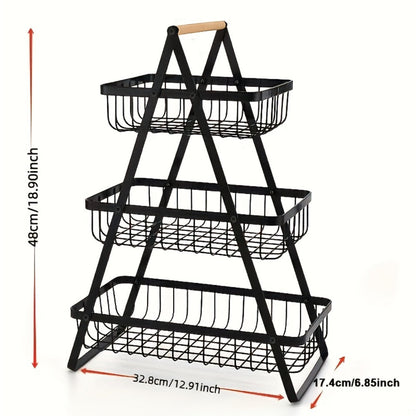 Freestanding Tiered Metal Wire Storage Basket with Wood-Tone Top Handle in Two- or Three-Tier Options