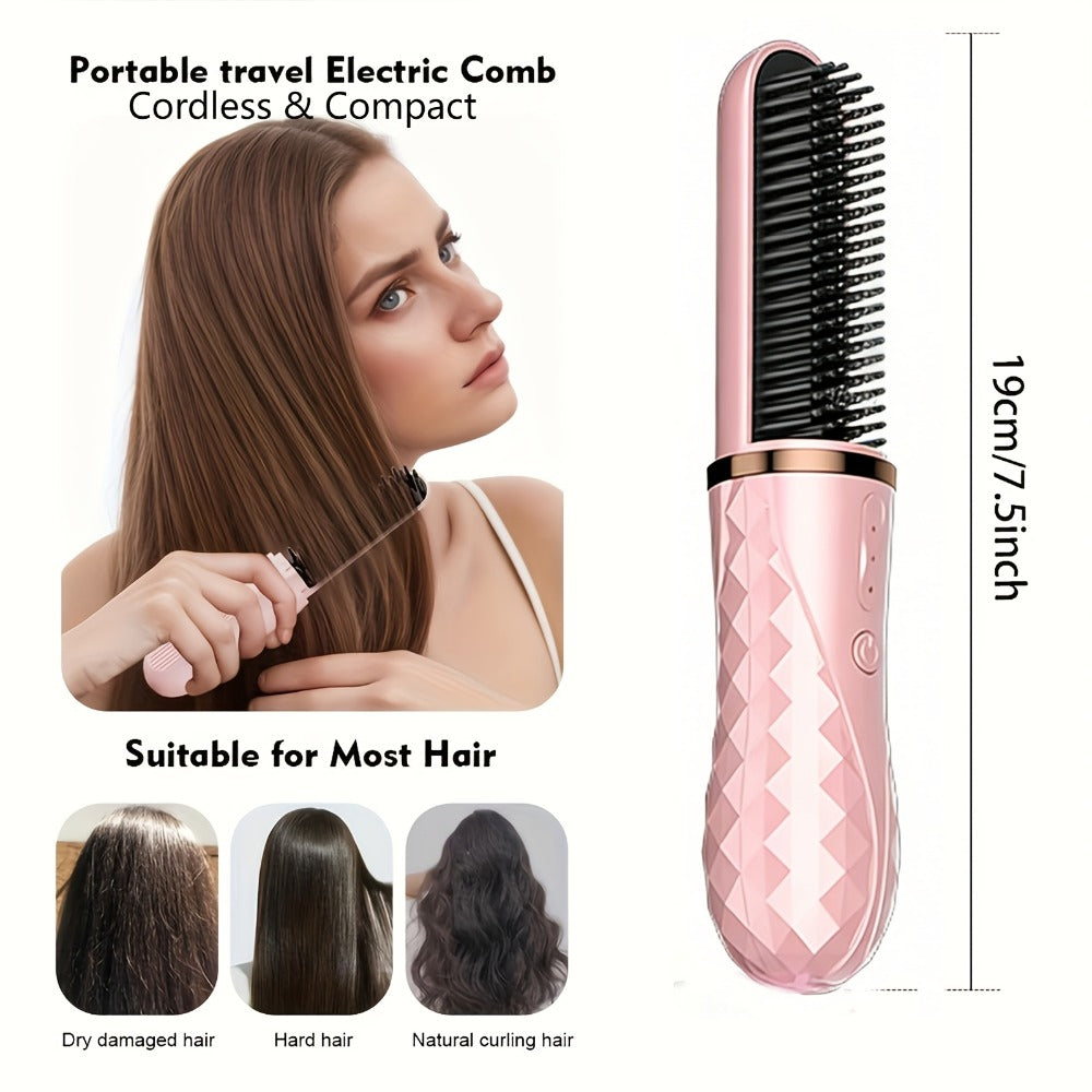 Cordless Hair Straightener Brush with USB-C Charging, Three Temperature Settings and Pink or Beige Finish