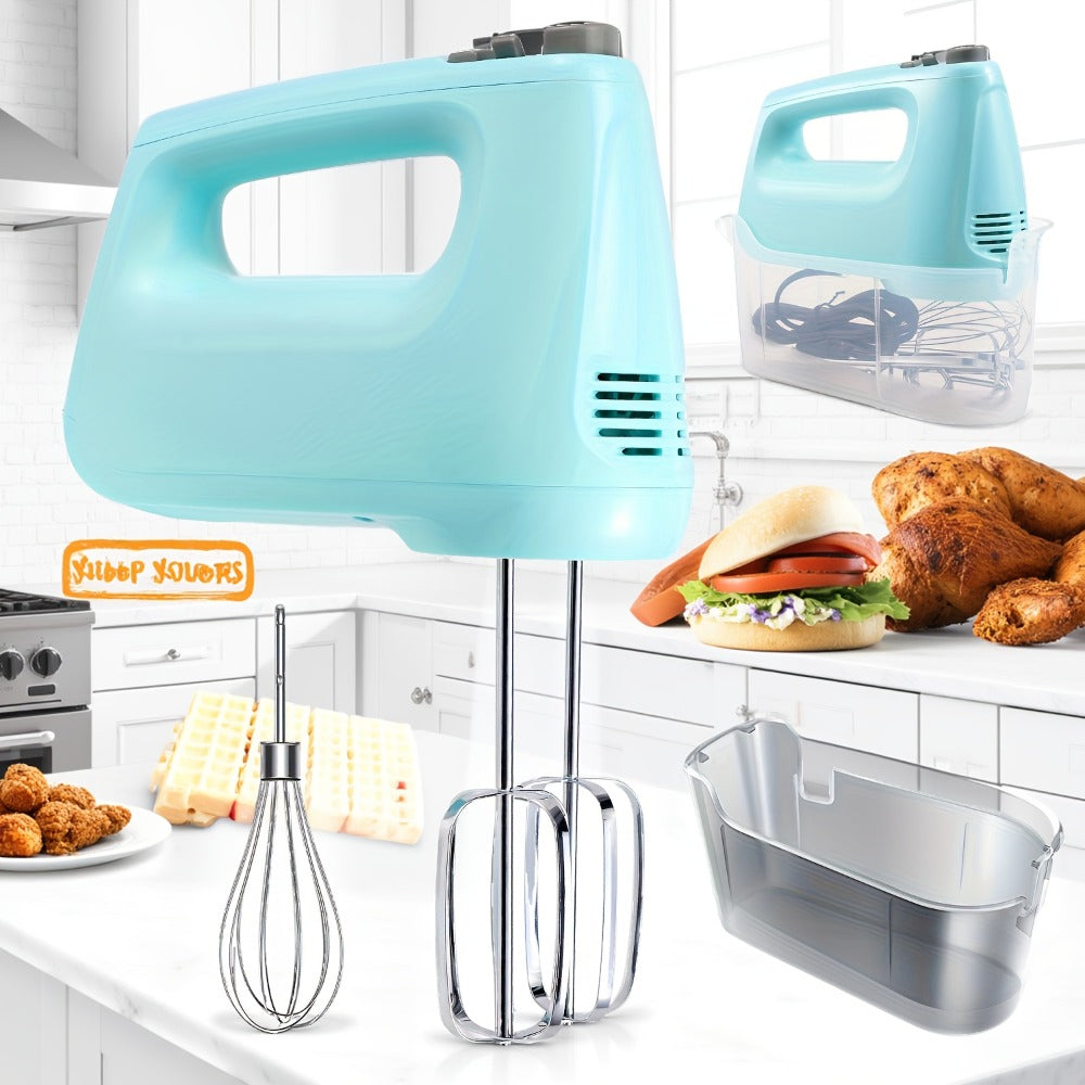 Electric Hand Mixer 250W with Storage Case – 5-Speed Plus Turbo Handheld Mixer with 5 Stainless Steel Attachments (2 Beaters, 2 Dough Hooks & 1 Whisk) – Kitchen Baking Mixer in Blue, Black, White & Silver