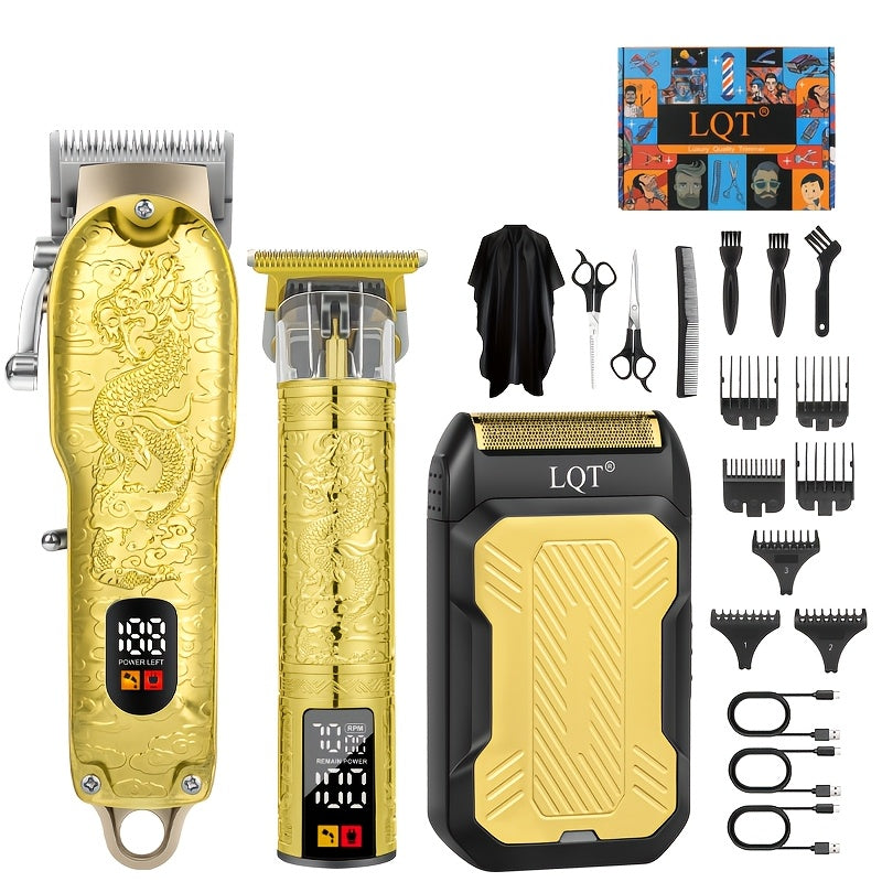 Hair Clippers & Trimmers LQT Golden Dragon Three-Piece Set with LCD Displays, USB Cables and Gift Box
