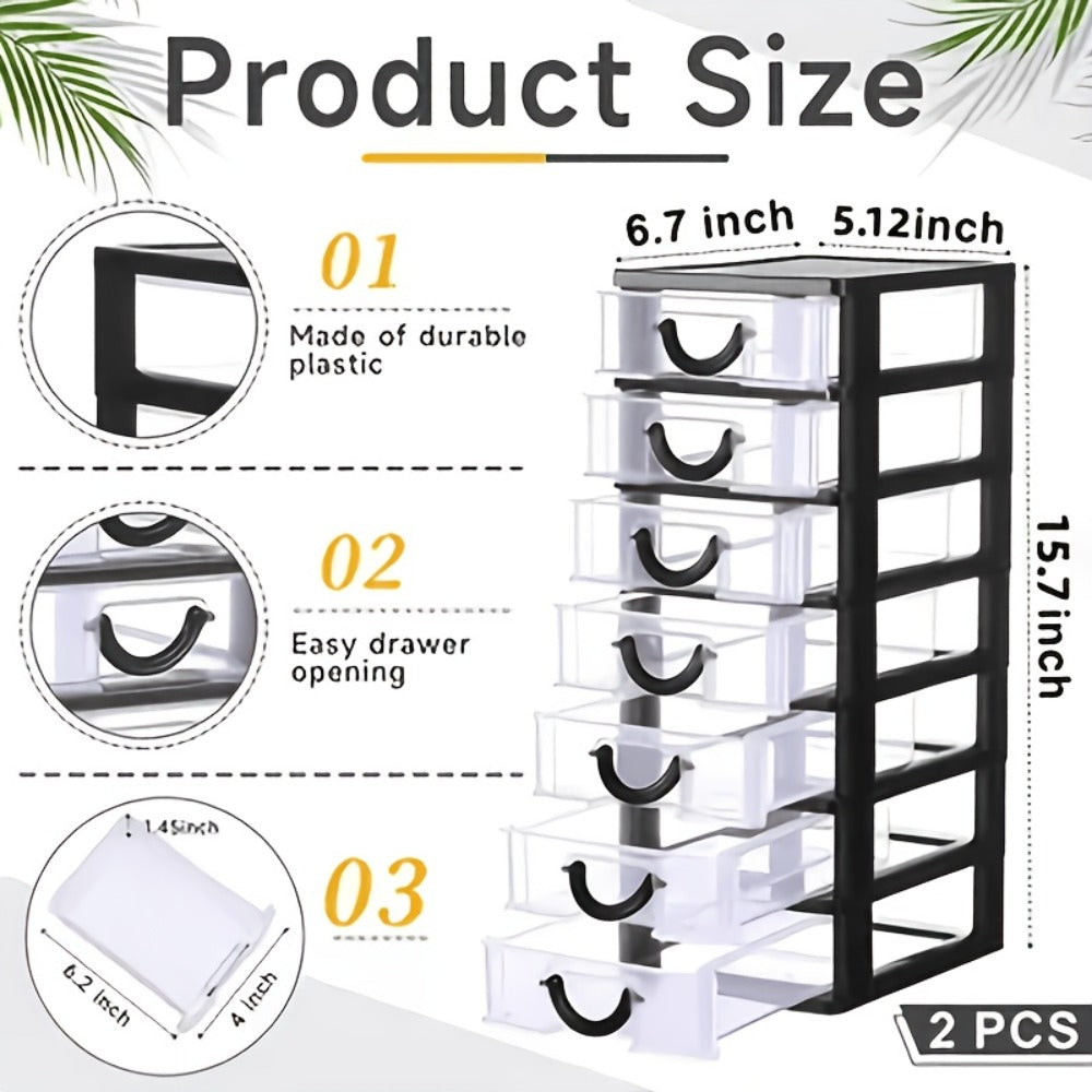 Seven-Drawer Desktop Organizer in Black or White, One- or Two-Piece Set with Clear Front Drawers