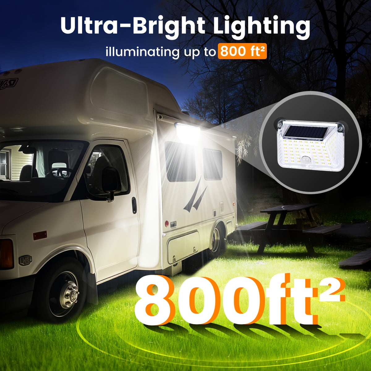 Magnetic RV Solar Motion Light 800LM - 90 LED, 270° Sensor, 3 Modes, IP65 Waterproof, for RV Awning, Camper, Trailer & Porch Exterior Lighting