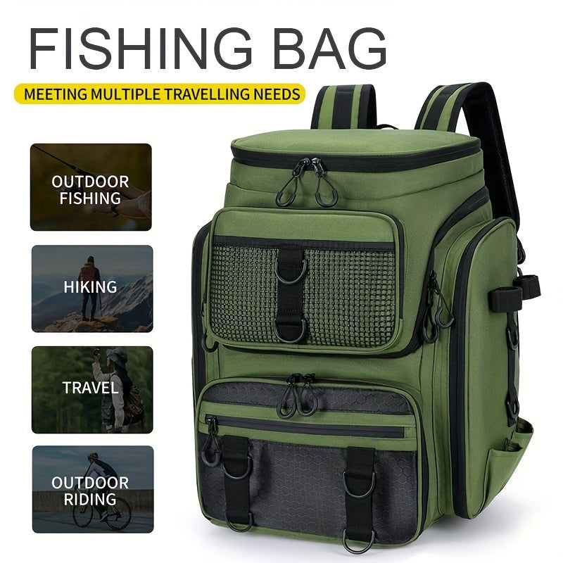 Black Camouflage Fishing Backpack with Twin Shoulder Straps, Front Zip Compartments and Side Rod Loops