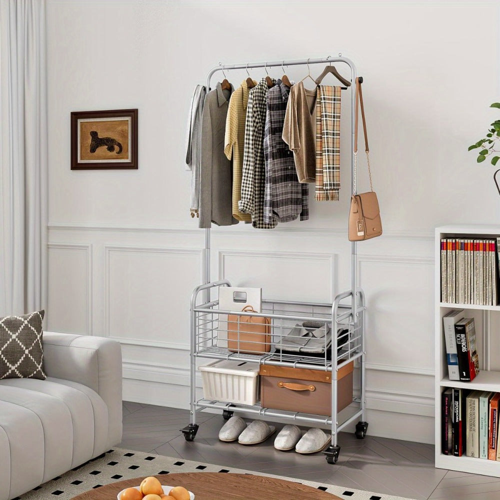 Rolling Laundry Basket Cart with 70.25-Inch Hanging Rail, Two Shelves, Four Casters and White, Black or Silver Frames