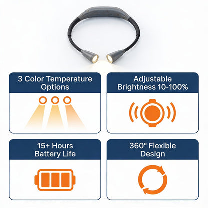 LED Neck Reading Light USB Rechargeable, 3 Color Modes Adjustable Brightness Hands-Free Book Light for Reading in Bed, Knitting, Crafts, Camping & Bedroom, Portable Wearable Neck Lamp