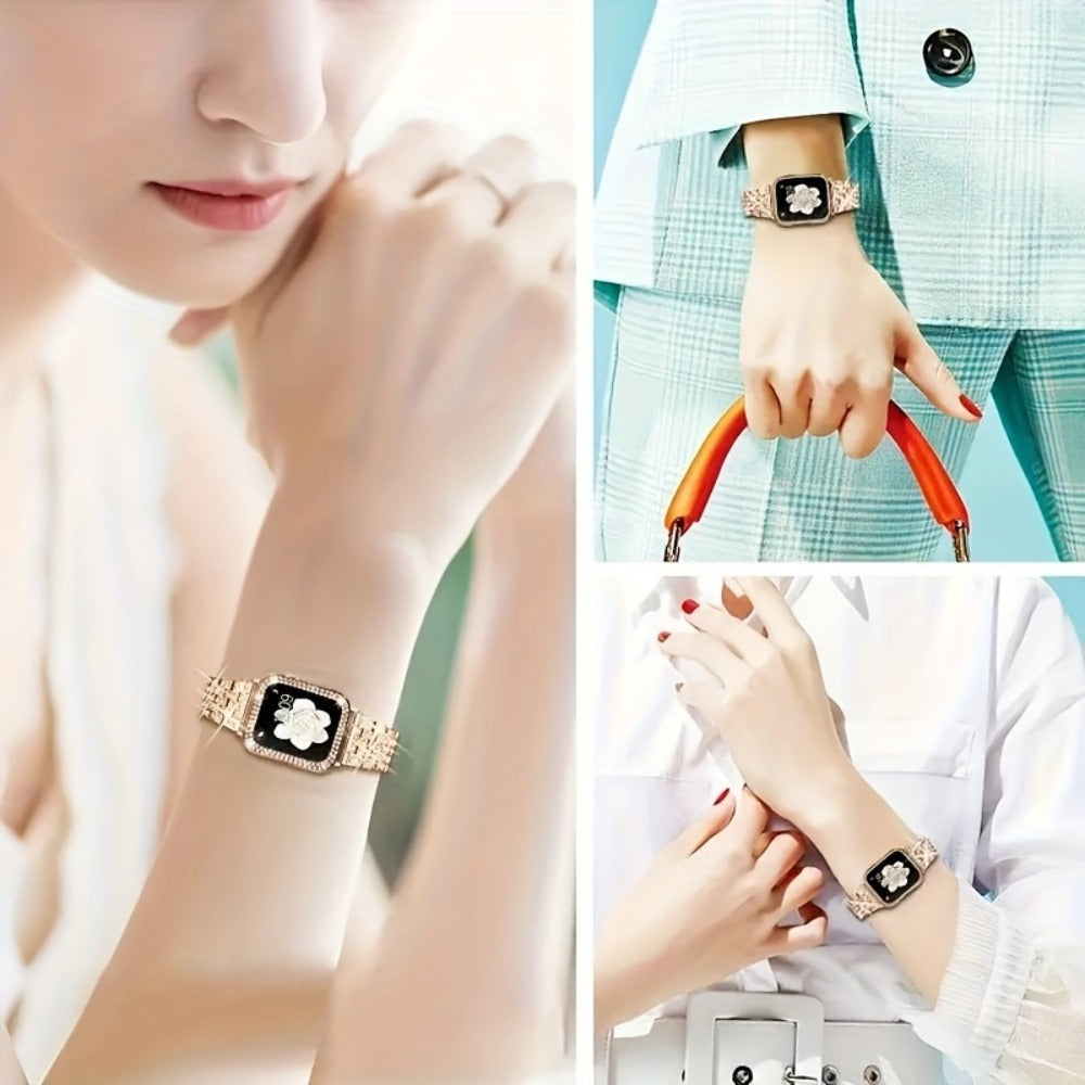 Rhinestone Diamond Bling Apple Watch Band for Women Girls – Five-Point Diamond Double-Row Crystal Strap Compatible with Apple Watch Ultra 2 Series 10 9 8 7 6 5 4 3 2 1 SE 38 40 41 42 44 45 49mm Gift
