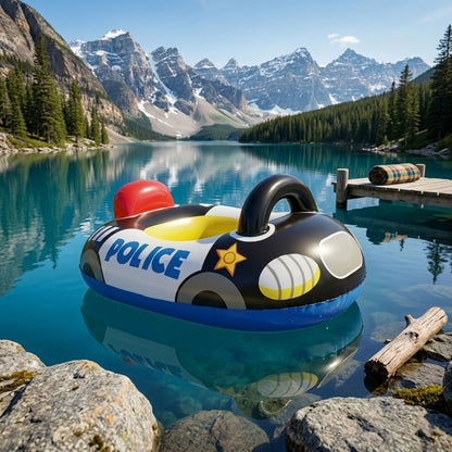 Car-Shaped Inflatable Pool Float with Black Printed Body, Center Opening and Steering-Wheel Detail
