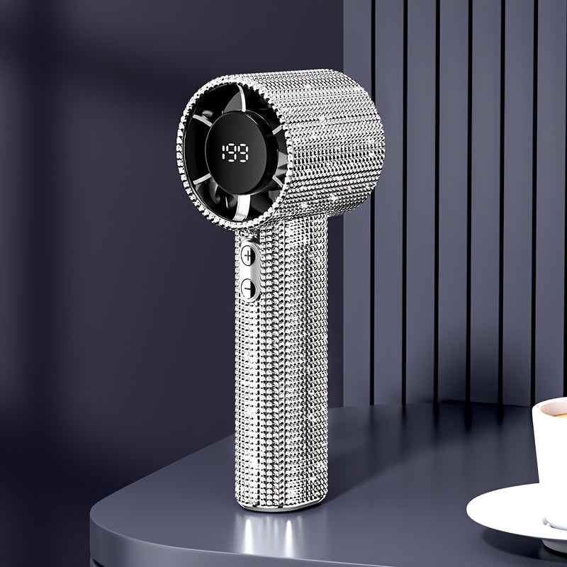 Rhinestone Handheld Fan with USB-C Charging, Digital Display, 199 Levels and Optional Beige Headset