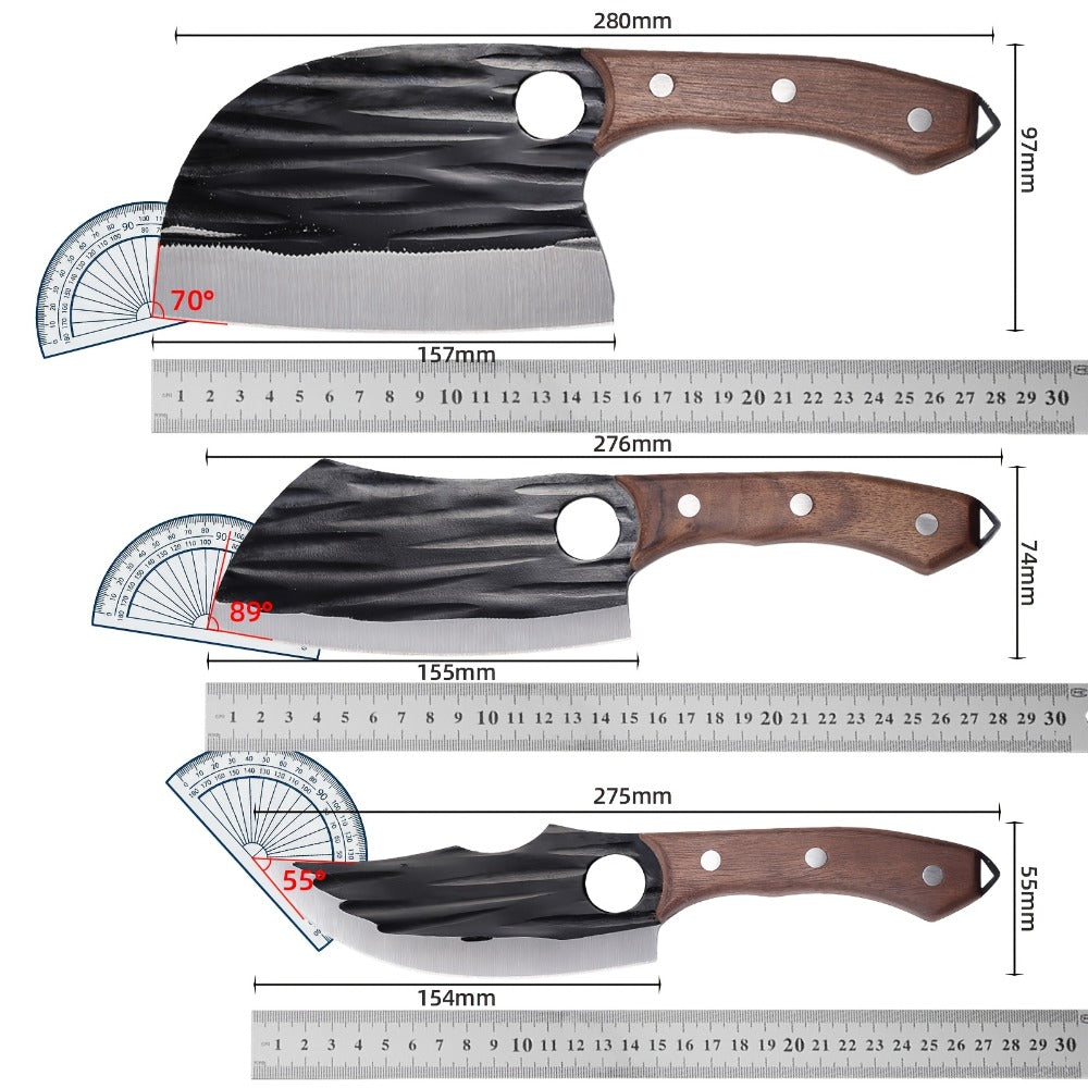 Three-Piece Butcher Knife Set with Dark Patterned Cleaver Blades, Riveted Wood-Look Handles and Carrying Case