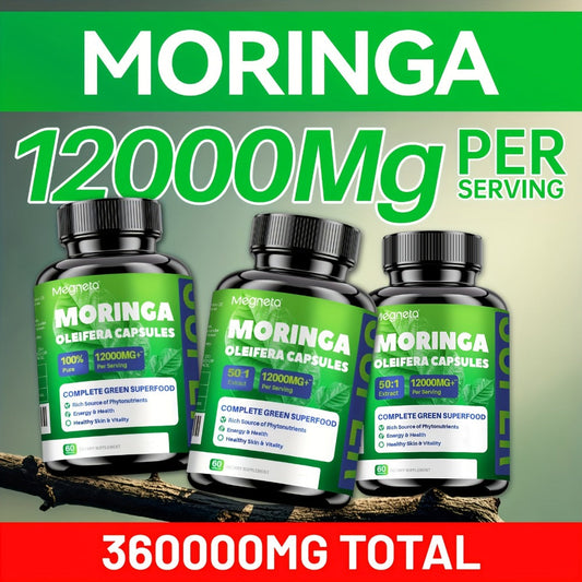 Organic Moringa 12000mg Capsules - Pure Superfood Supplement for Energy, Skin Health, Gut Health & Immune Support - Antioxidant-Rich Plant-Based Daily Wellness Capsules 60 Count