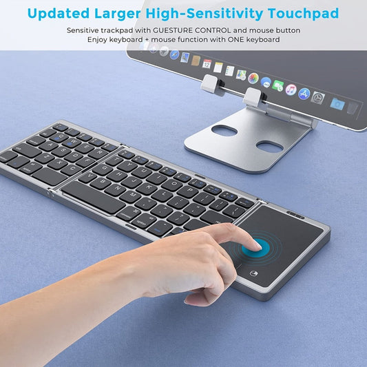 Tri-Fold Bluetooth Keyboard with Touchpad Rechargeable Portable Foldable Wireless Keyboard for iPhone iPad Tablet Laptop PC Smartphone Windows iOS Android – Seenda Aluminum Travel Keyboard BT 5.1