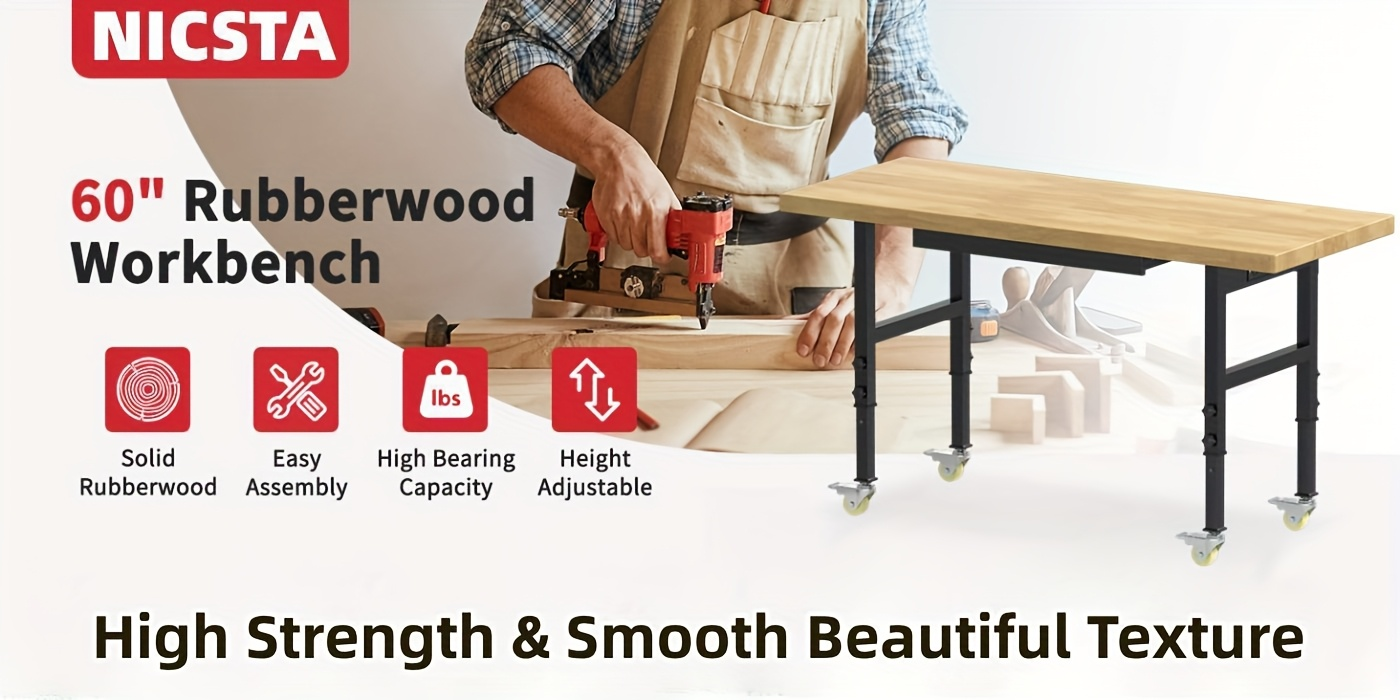Garage Workbench Solid Wood Tool Desk with Drawers, Power Outlets & Swivel Casters, 48"/60"/70" Heavy-Duty Workshop Bench for Home Garage & Workshop