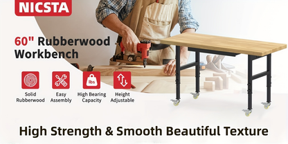 Garage Workbench Solid Wood Tool Desk with Drawers, Power Outlets & Swivel Casters, 48"/60"/70" Heavy-Duty Workshop Bench for Home Garage & Workshop