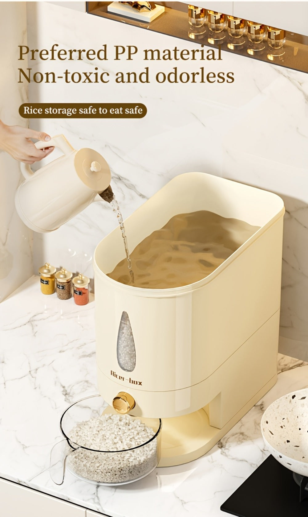 Food Storage Container Press-Button Rice Dispenser with Measuring Cup and 11lb or 22lb Capacity Options