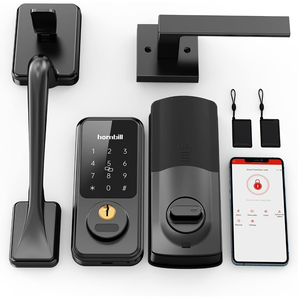 Hornbill Smart Door Lock Set with Handle - Alexa Compatible Keypad Deadbolt, Bluetooth App, Keyfob & Auto-Lock, Complete Keyless Entry Front Door Upgrade, Matte Black & Silver