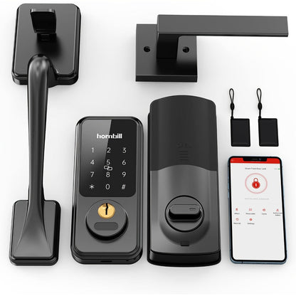 Hornbill Smart Door Lock Set with Handle - Alexa Compatible Keypad Deadbolt, Bluetooth App, Keyfob & Auto-Lock, Complete Keyless Entry Front Door Upgrade, Matte Black & Silver