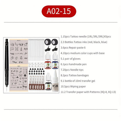Manual Hand-Poke Tattoo Kit A02-3 with 14.3cm Pen Holder, Five Needles, Two Bottles and Transfer Accessories