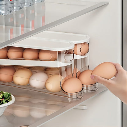 White Double-Layer Rolling Egg Dispenser with 38.2 cm Length for Refrigerator Shelf Storage