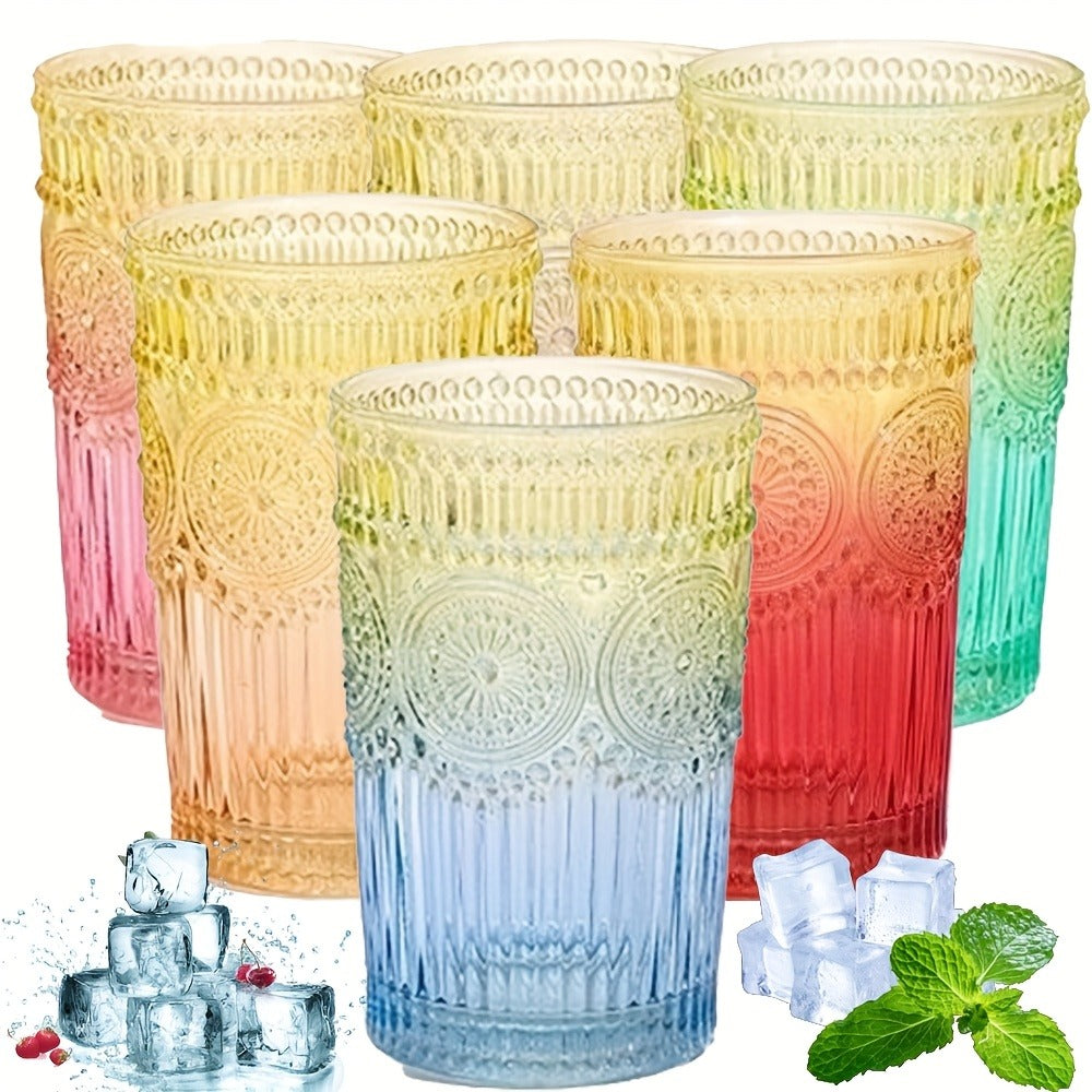 Vintage Embossed Drinking Glasses, Six-Piece 14-Ounce Tumbler Set in Six Gradient Colors for Table Settings