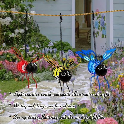 Solar Hanging Bee & Ladybug Lights Set of 3, Metal Decorative Solar Garden Lights, Outdoor Hanging Decor for Balcony