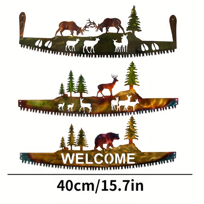 Wildlife Saw-Blade Metal Wall Art with Deer, Bear Welcome or Antler-Locking Deer Silhouette Options