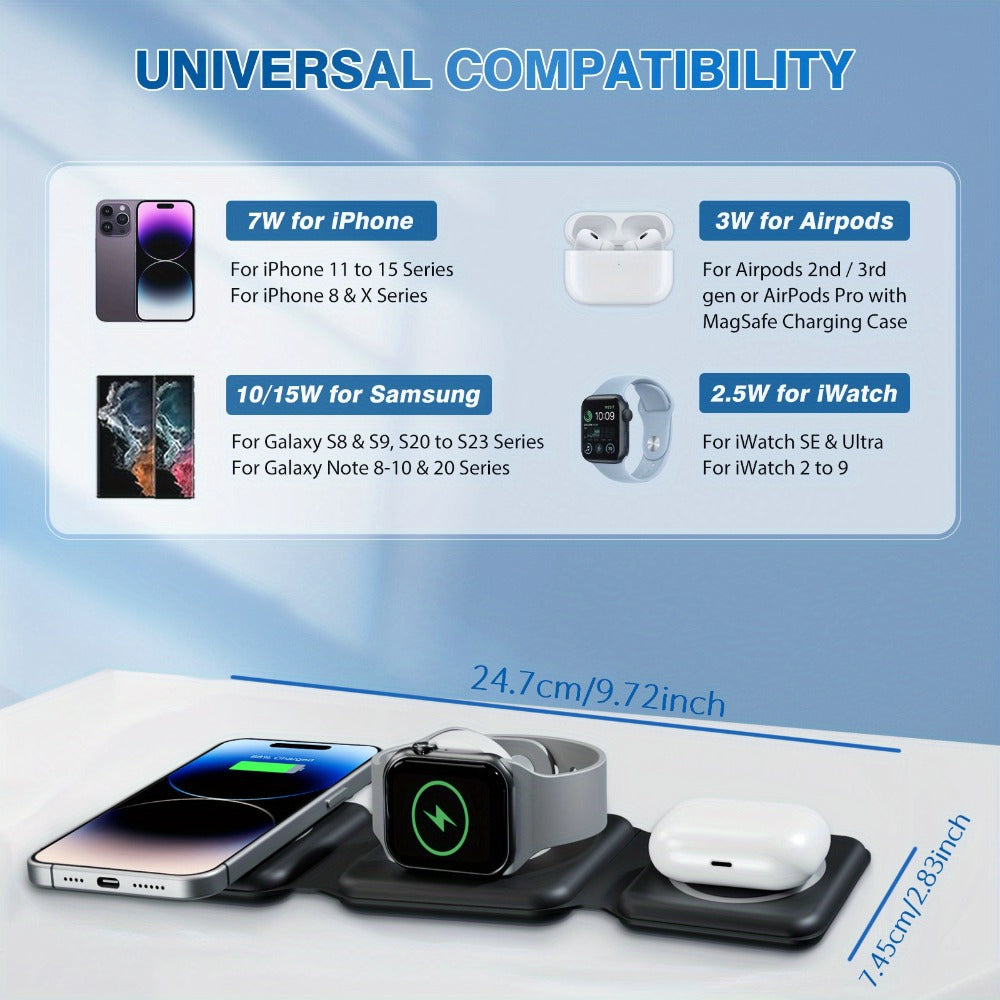 MagSafe Compatible Foldable Charging Station 3-in-1 15W – Travel Wireless Charger for iPhone 17 Air 16 15 14 13 12 Pro Max, Apple Watch Ultra Series 11 10 SE & AirPods Pro | Black