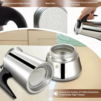 Straight-Sided Stovetop Moka Pot with Reusable Filter, Safety Valve and 2-, 4-, 6-, 9- or 12-Cup Options