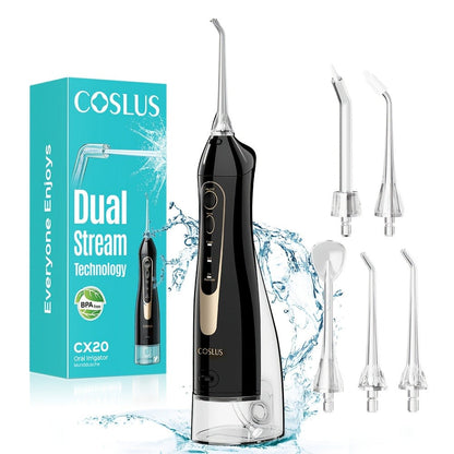 Water Flosser COSLUS CX20 Cordless Oral Irrigator with 300ml Detachable Tank, Five Tips, Rotating Nozzle and Gold Accents